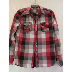 BKE Tailored Fit Red Plaid Long Sleeve Snap Button Shirt Mens Size L